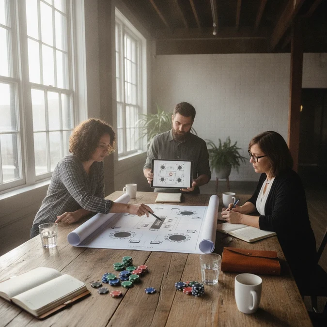 Event planners reviewing a poker evening floor plan